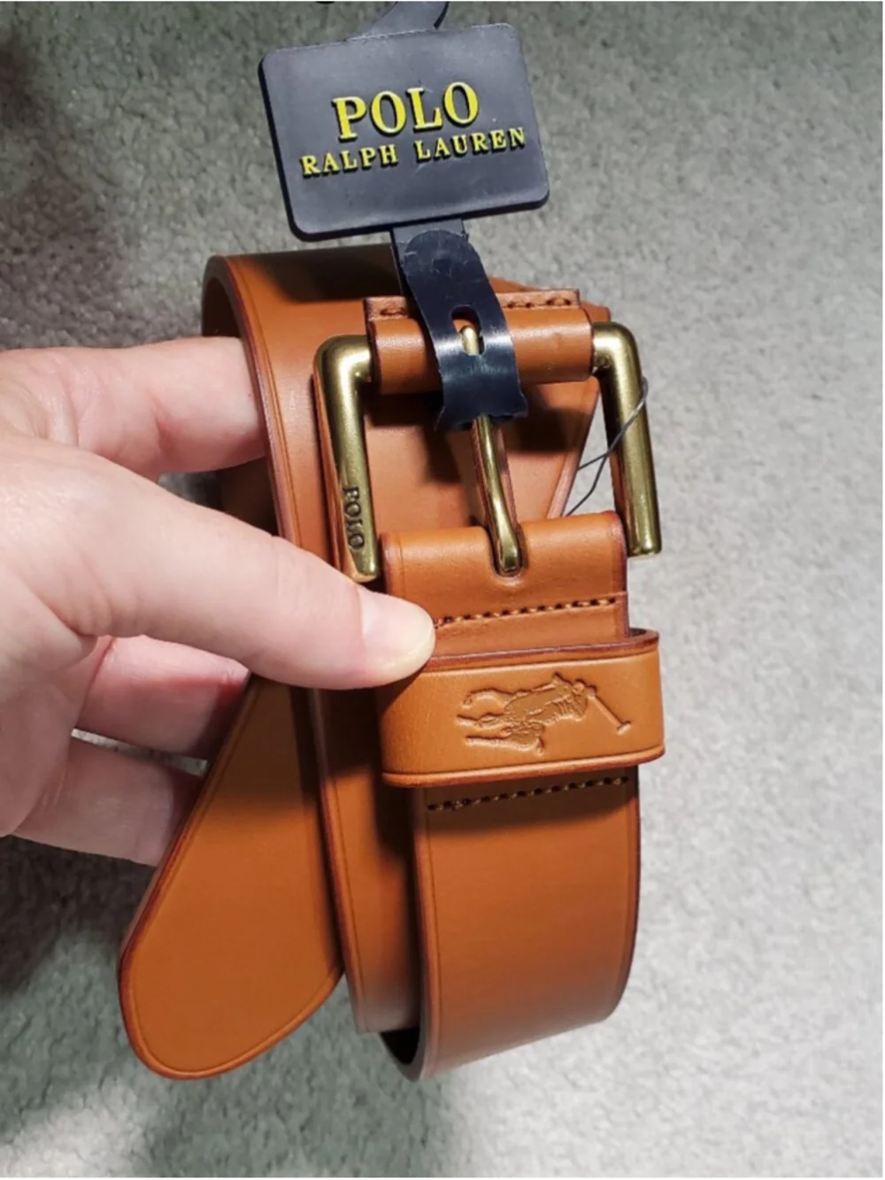 POLO RALPH LAUREN NWT Leather Belt Tan Brass 32 Embossed Pony Logo Dress Office